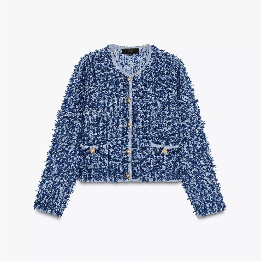 Zara Blue Textured Blazer with Gold Accents